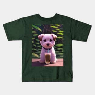 Puppy with boba bubble tea Kids T-Shirt